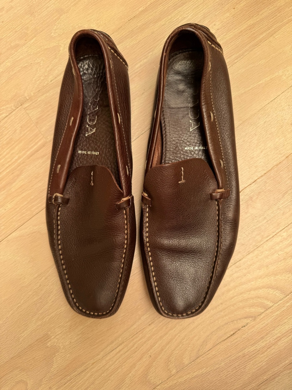 Prada Dark Brown Pebbled Leather Slip-On Loafers size 39